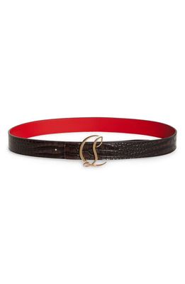 Christian Louboutin CL Logo Croc Embossed Leather Belt in Expresso/Gold