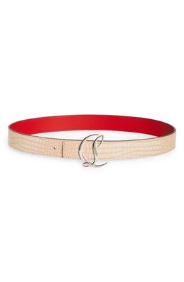 Christian Louboutin CL Logo Croc Embossed Leather Belt in Leche/Silver