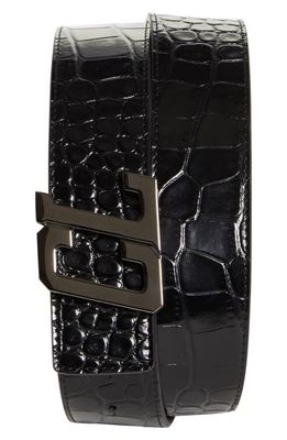Christian Louboutin Happy Rui Logo Croc Embossed Calfskin Leather Belt in Black/Loubi/Gun Metal