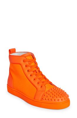 Christian Louboutin Lou Spikes Orlato High Top Sneaker in Fluo Orange/Fluo Or Mat