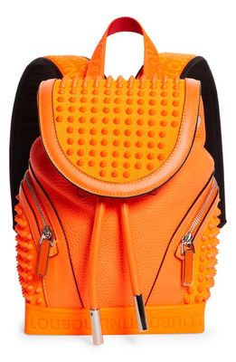 Christian Louboutin Small Explorafunk Resille Studded Leather & Canvas Backpack in Fluo Orange/Orange-Red