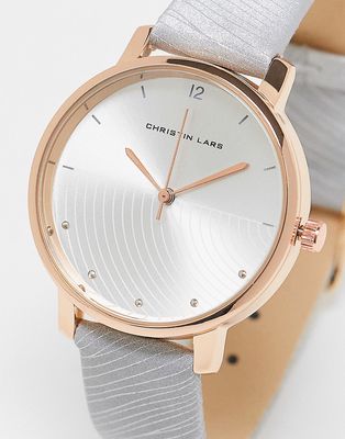Christin Lars faux leather strap watch in white and rose gold