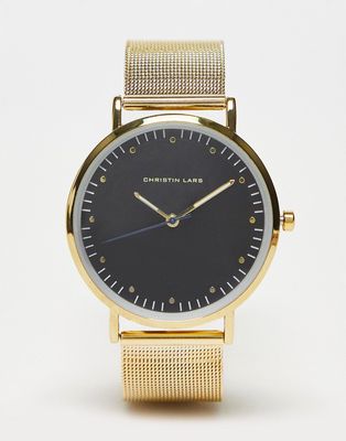 Christin Lars mesh strap watch in gold with black dial