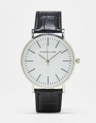 Christin Lars mock croc strap watch in black and silver