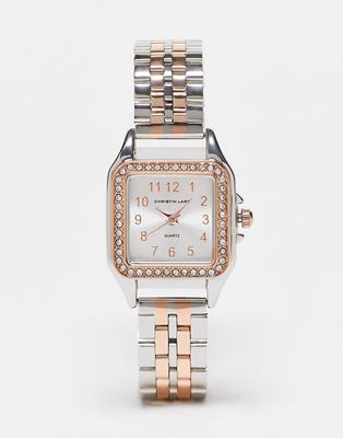 Christin Lars slim link strap watch with square face in silver and gold