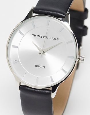 Christin Lars slim strap watch in black with silver dial