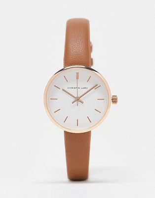 Christin Lars slimline faux leather strap watch in rose gold