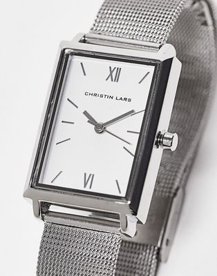 Christin Lars slimline faux leather strap watch with square face in silver
