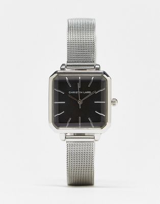 Christin Lars sqaure face mesh strap watch in silver with black dial