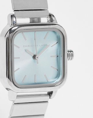 Christin Lars square face link strap watch in silver and blue