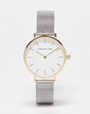 Christin Lars stainless steel mesh strap bracelet watch in two tone silver and gold