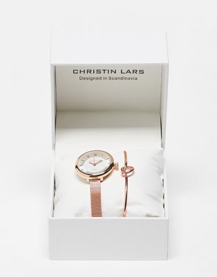 Christin Lars watch and bracelet gift set in rose gold
