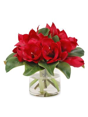 Christmas Collection Amaryllis & Magnolia Arrangement in Round Vase - Red - Red