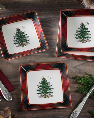 Christmas Tree Tartan Square Tidbit Plates, Set of 4