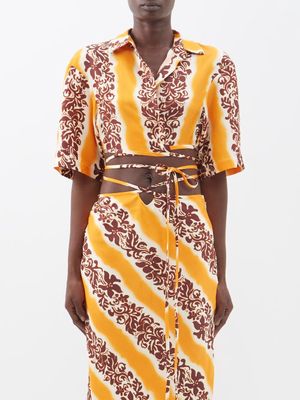 Christopher Esber - Hibiscus-print Silk-twill Wrap-front Shirt - Womens - Orange Print