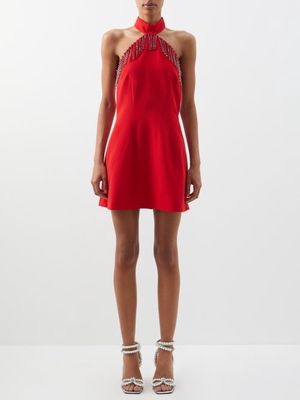 Christopher Kane - Crystal-fringe Crepe Halterneck Mini Dress - Womens - Red