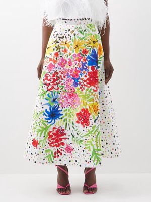 Christopher Kane - Neon Floral Printed Duchess-satin Midi Skirt - Womens - Multi