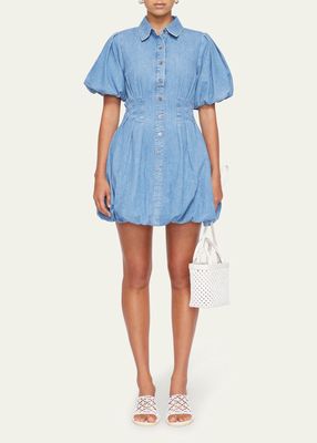 Ciara Denim Shirting Bubble-Hem Mini Dress