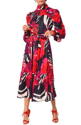 CIEBON Adele Floral Print Long Sleeve Midi Dress in Red Multi