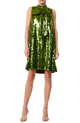 CIEBON Anita Bow Paillette Sequin Sleeveless Mini Shift Dress in Olive