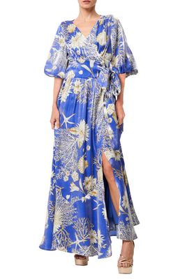 CIEBON Ariella Floral Print Side Tie Maxi Dress in Blue Multi