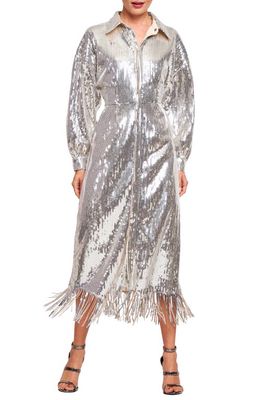 CIEBON Brooke Sequin Long Sleeve Midi Shirtdress in Silver