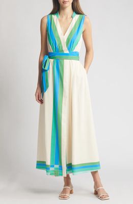 CIEBON Carmine Tie Belt Sleeveless Maxi Wrap Dress in Ivory/Green Multi 