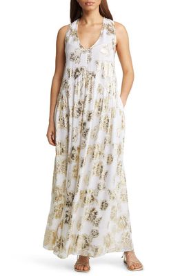 CIEBON Cece Metallic Floral Maxi Dress in White