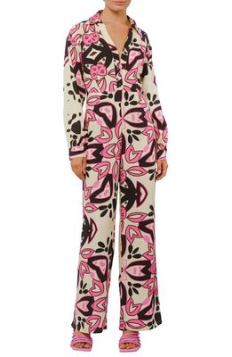 CIEBON Harper Abstract Print Long Sleeve Jumpsuit in Multi Pink