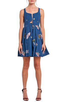 CIEBON Lyanna Embroidered Cotton Fit & Flare Dress in Navy Multi