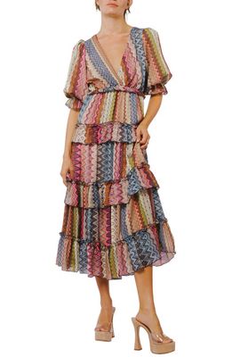 CIEBON Madelyn Stripe Tiered Ruffle Midi Dress in Multi
