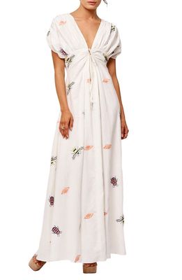 CIEBON Selma Embroidered Plunge Neck Maxi Dress in White