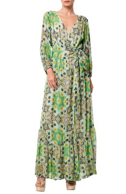 CIEBON Shani Metallic Floral Print Long Sleeve Wrap Dress in Green Multi