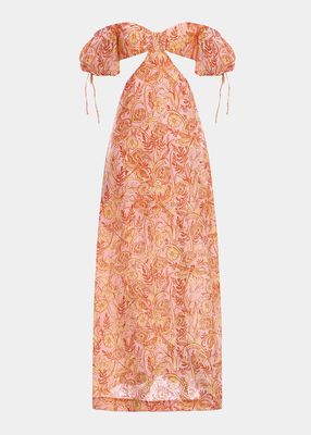 Cielo Puff-Sleeve Cutout Linen Maxi Dress