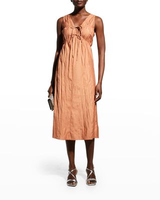 Cinched V-Neck Crinkled Midi Dress