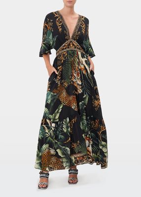 Cinched-Waist Ruffle-Hem Silk Maxi Dress
