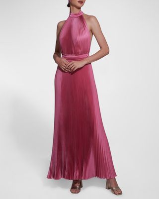 Cinema Pleated Halter-Tie Open-Back Gown