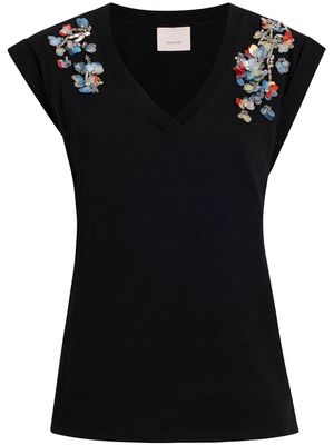 Cinq A Sept Bella floral-appliqué V-neck T-shirt - Black