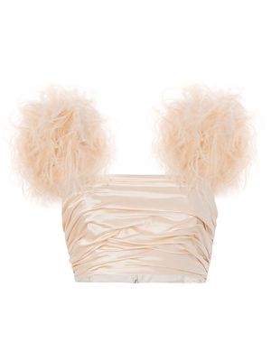 Cinq A Sept Will feather-trimmed ruched silk crop top - Pink