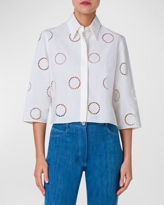 Circle Eyelet Embroidered Cotton Popeline Crop Collared Shirt