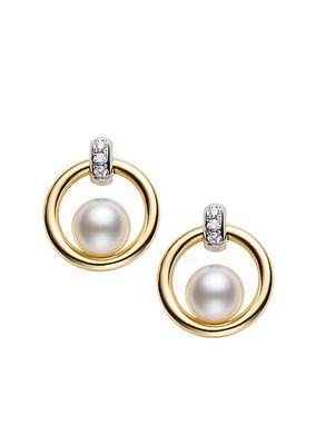 Circle Two-Tone 18K Gold, Diamond & Floating 5.5MM Cultured Akoya Pearl Drop-Hoop Earrings