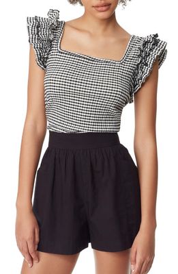 Circus NY Anisa Ruffle Shoulder Square Neck Top in Black White Gingham