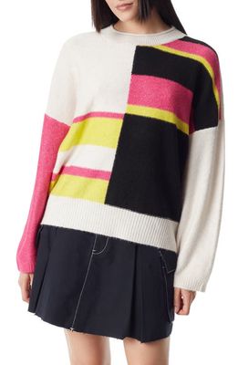 Circus NY Geometric Intarsia Crewneck Sweater in Pink Color Block Stripe