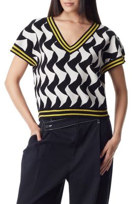 Circus NY Wave Pattern Short Sleeve V-Neck Sweater in Black White Combo