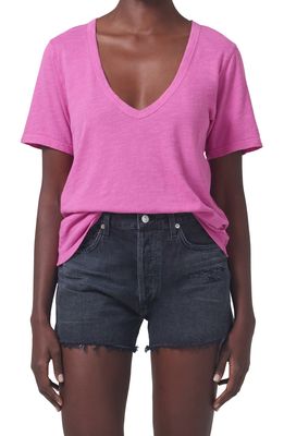 Citizens of Humanity Cecilie V-Neck Cotton T-Shirt in Bougainvillea