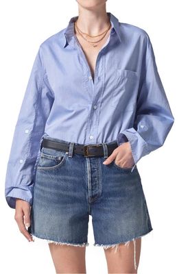Citizens of Humanity Kayla Oversize Poplin Button-Up Shirt in Blue End On End