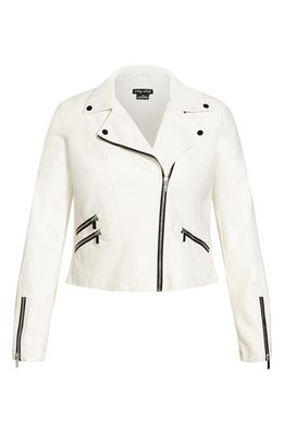 City Chic Aria Faux Leather Moto Jacket in Ivory/Black Trim