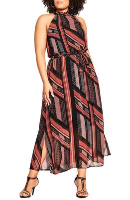 City Chic Artisan Stripe Halter Maxi Dress in Black Artisan Scarf