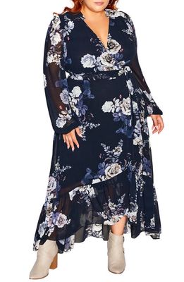 City Chic Arya Floral Print Long Sleeve Faux Wrap Maxi Dress in Mesmerising Fl