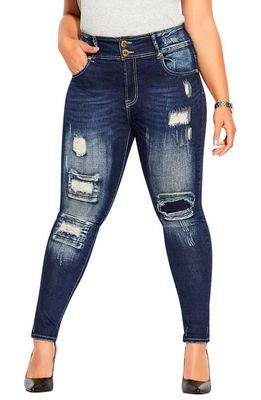 City Chic Asha Distressed Patch High Waist Skinny Jeans in Denim Mid